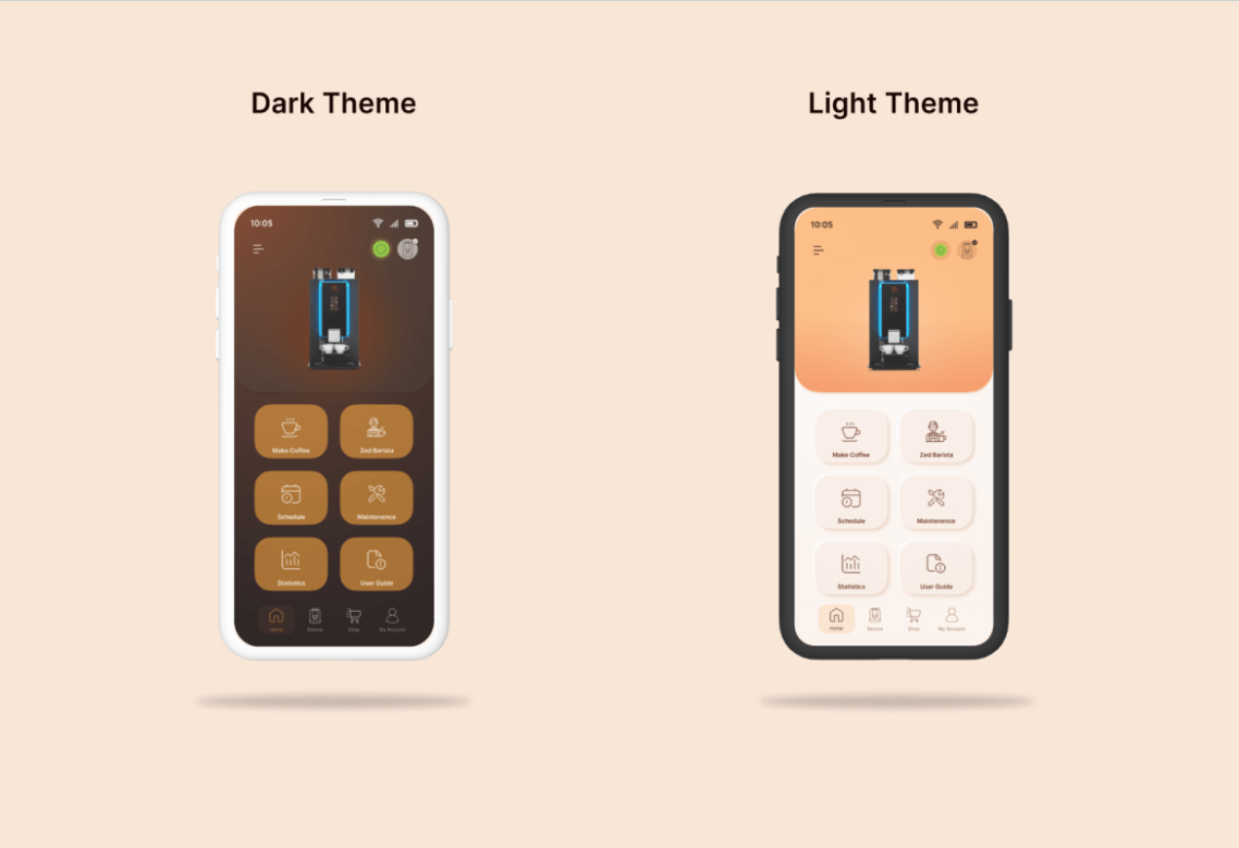 ai coffee app light and dark options